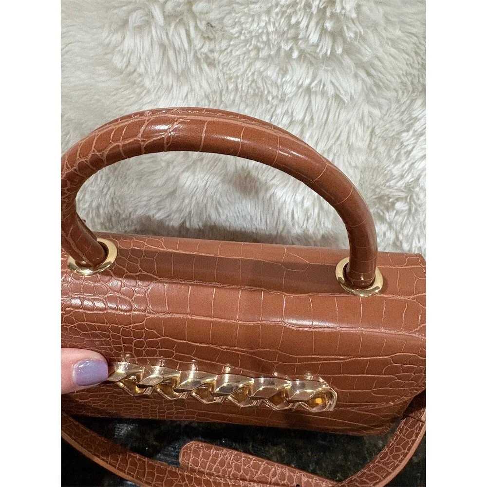 Like Dreams Satchel Handbag Womens Tan Croc Embossed Gold Chain Detail